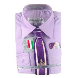 Daniel Ellissa Boys Lavender Dress Shirt with Purple Gold Cream Tie Hanky Size 4